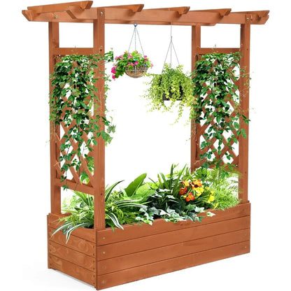 Plant Stand.Raised Garden Bed with Trellis & Hanging Roof, Wooden Garden Bed, Outdoor Planter Box for Yard, Garden, Balcony