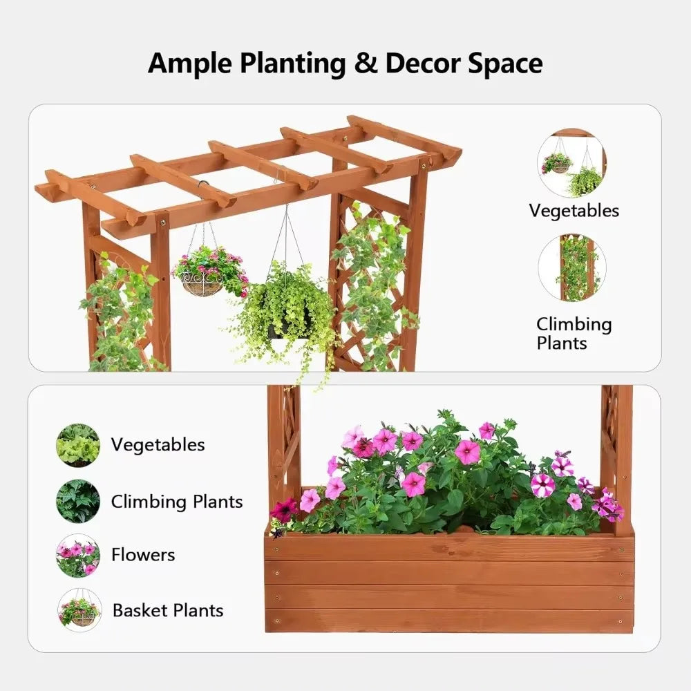 Plant Stand.Raised Garden Bed with Trellis & Hanging Roof, Wooden Garden Bed, Outdoor Planter Box for Yard, Garden, Balcony