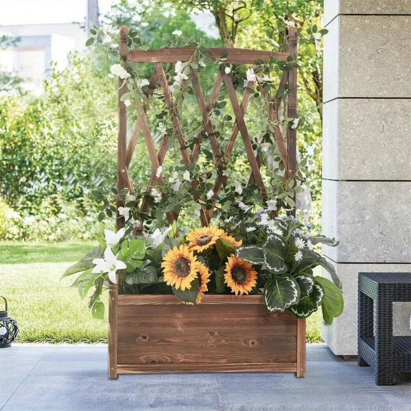 Rustic Wooden Raised Garden Bed Vegetable Planter Grid Box with Climbing Trellis