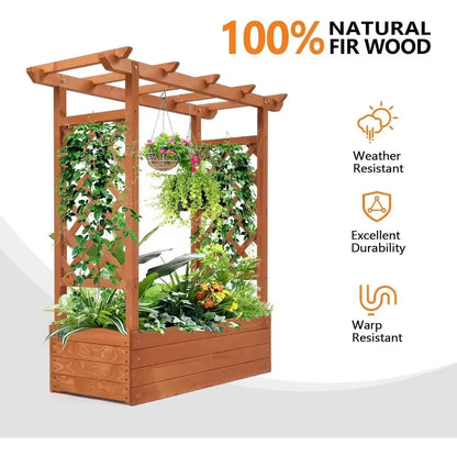 Plant Stand.Raised Garden Bed with Trellis & Hanging Roof, Wooden Garden Bed, Outdoor Planter Box for Yard, Garden, Balcony