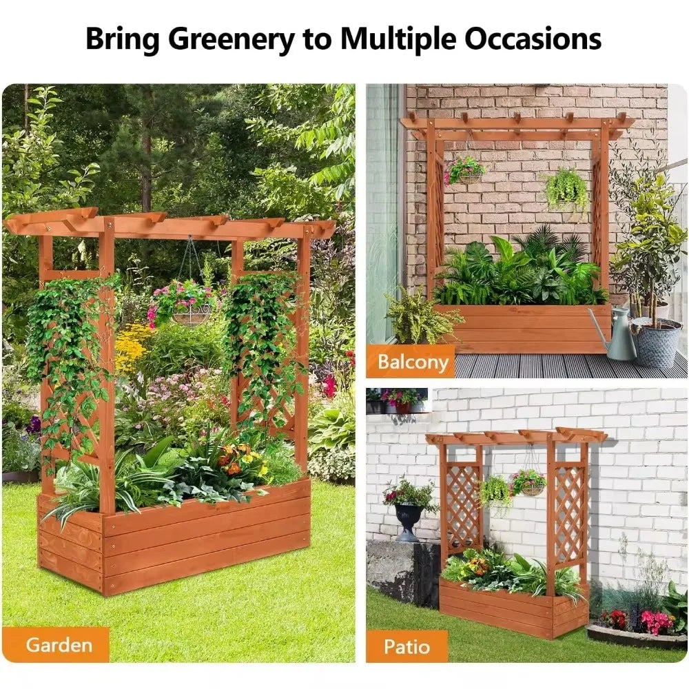 Plant Stand.Raised Garden Bed with Trellis & Hanging Roof, Wooden Garden Bed, Outdoor Planter Box for Yard, Garden, Balcony